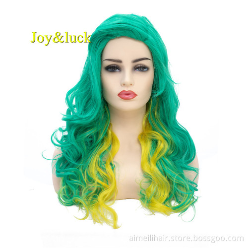 Long Natural Wavy Synthetic Wigs for Women Green Mixed Yellow Color Body Wave Cosplay Wigs Costume Hair Style